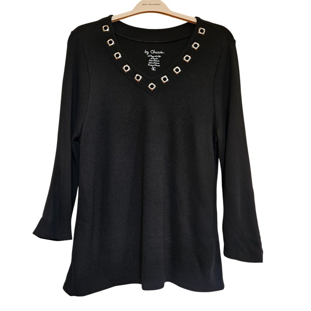Chicos Womens Black Grommet V-Neck 3/4 Sleeve Knit Top Size 2 Gothic Rock Large